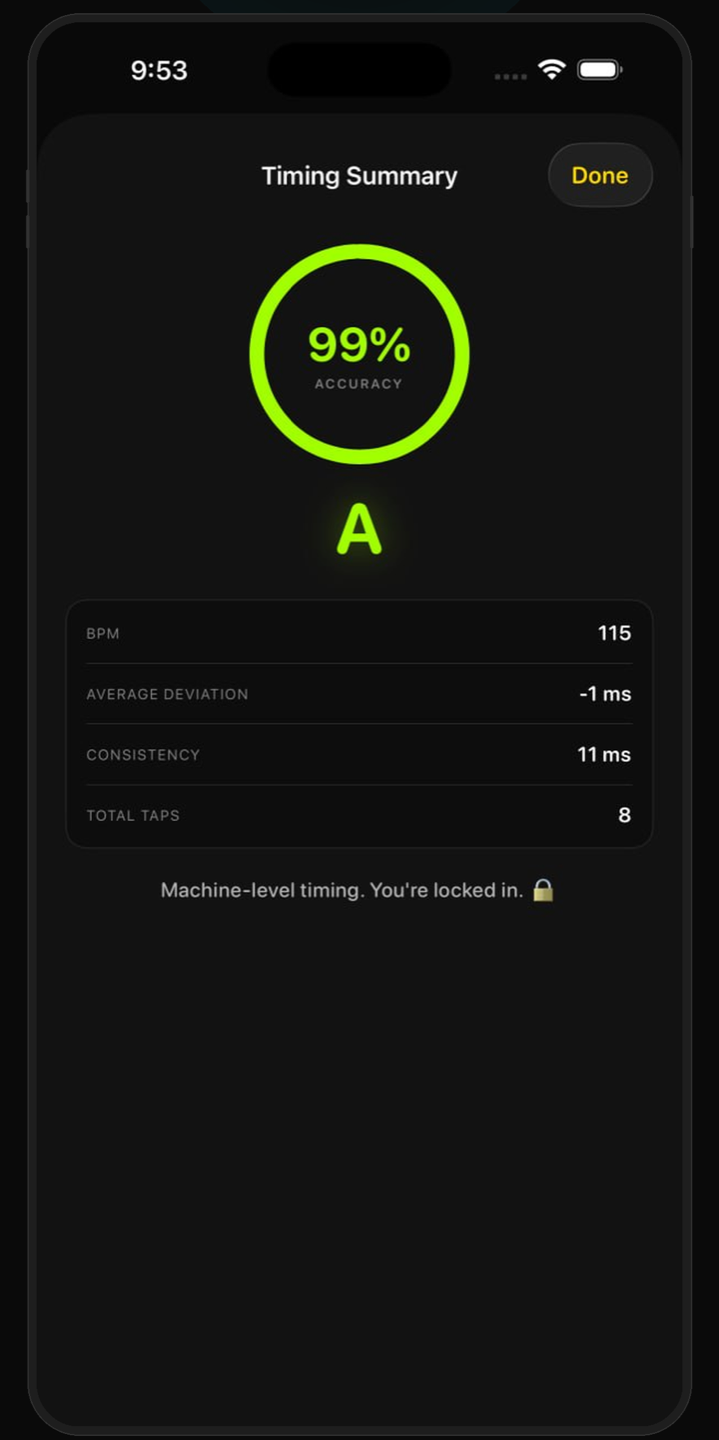Timing Summary screen with 99% accuracy and an A grade