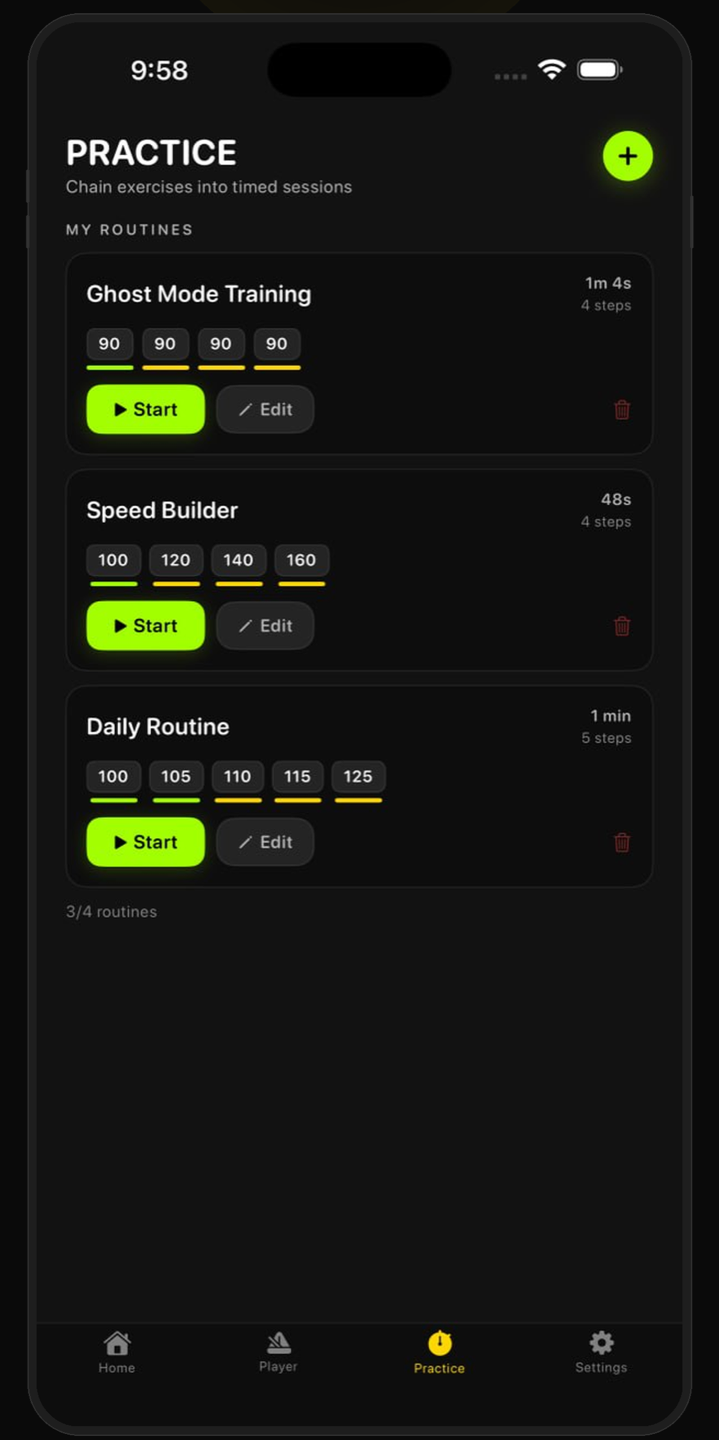 Practice routines list with BPM steps per routine